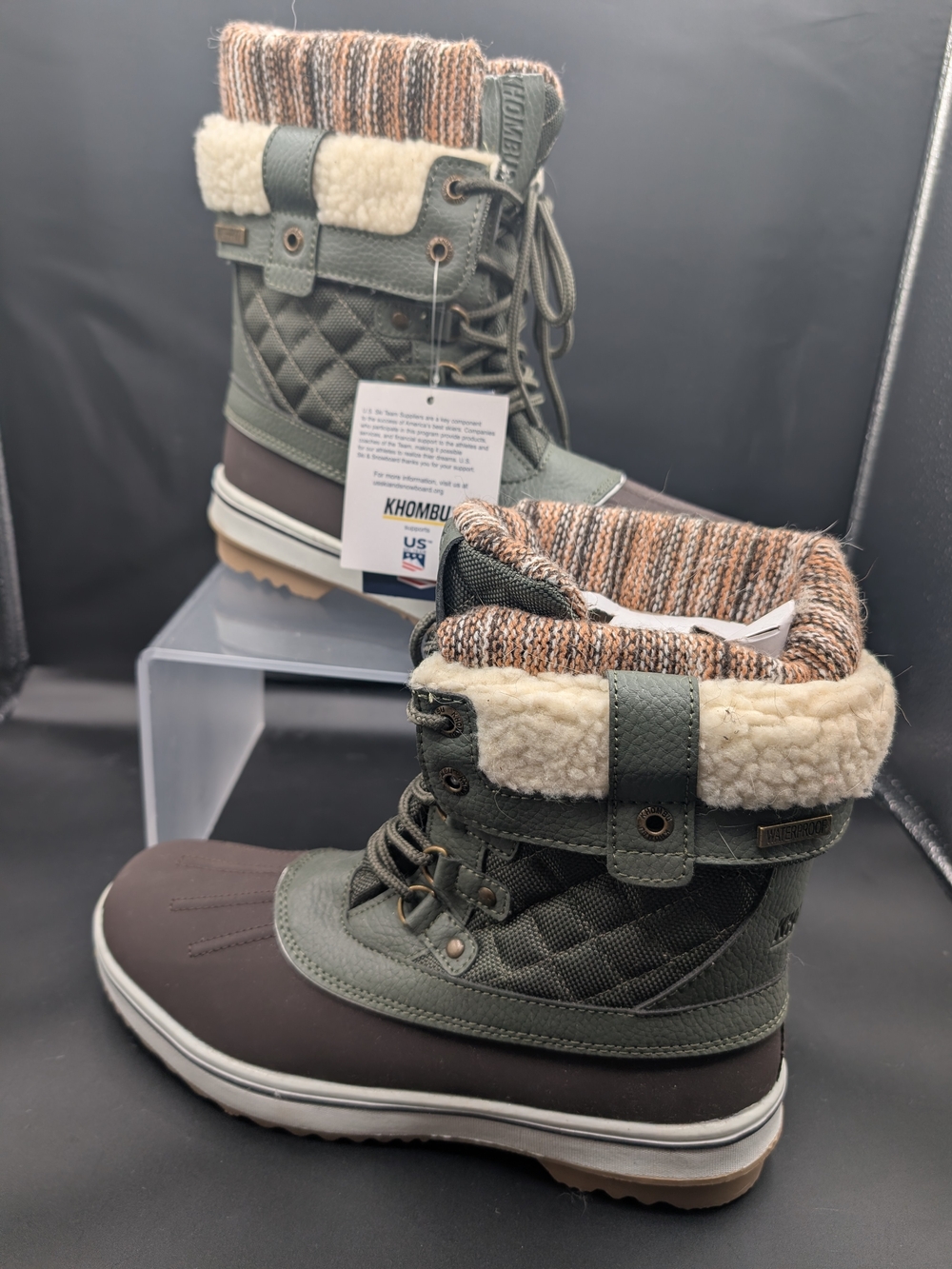 Khombu Kids Olive Green and Brown Quilted Winter Boots with Sherpa Trim